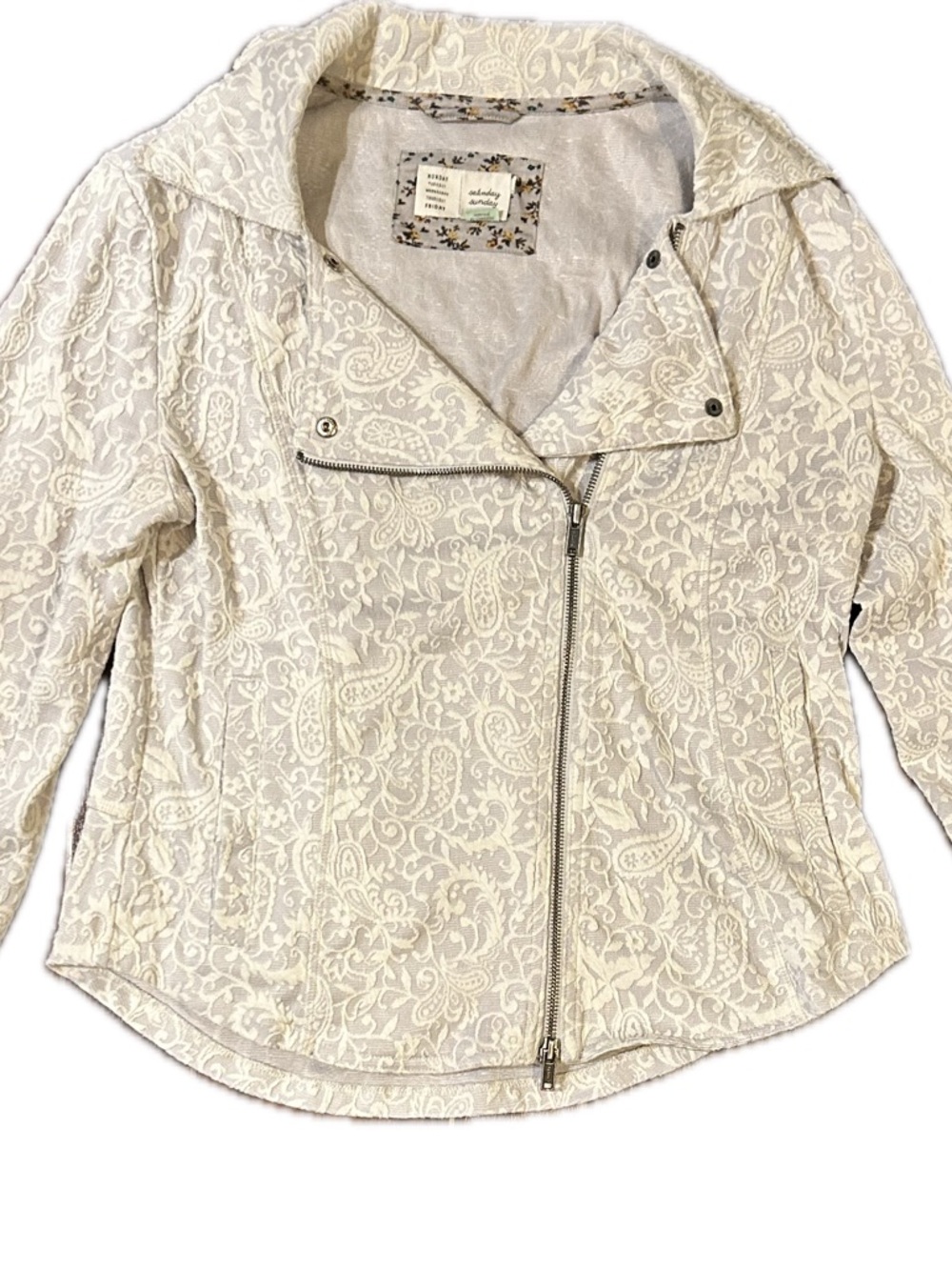 Anthropologie Saturday Sunday Luddy Moto Jacket— cream/gray jacquard